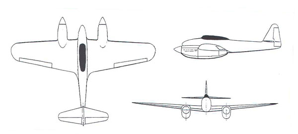 Three view of the Ik-5 twin engined fighter project